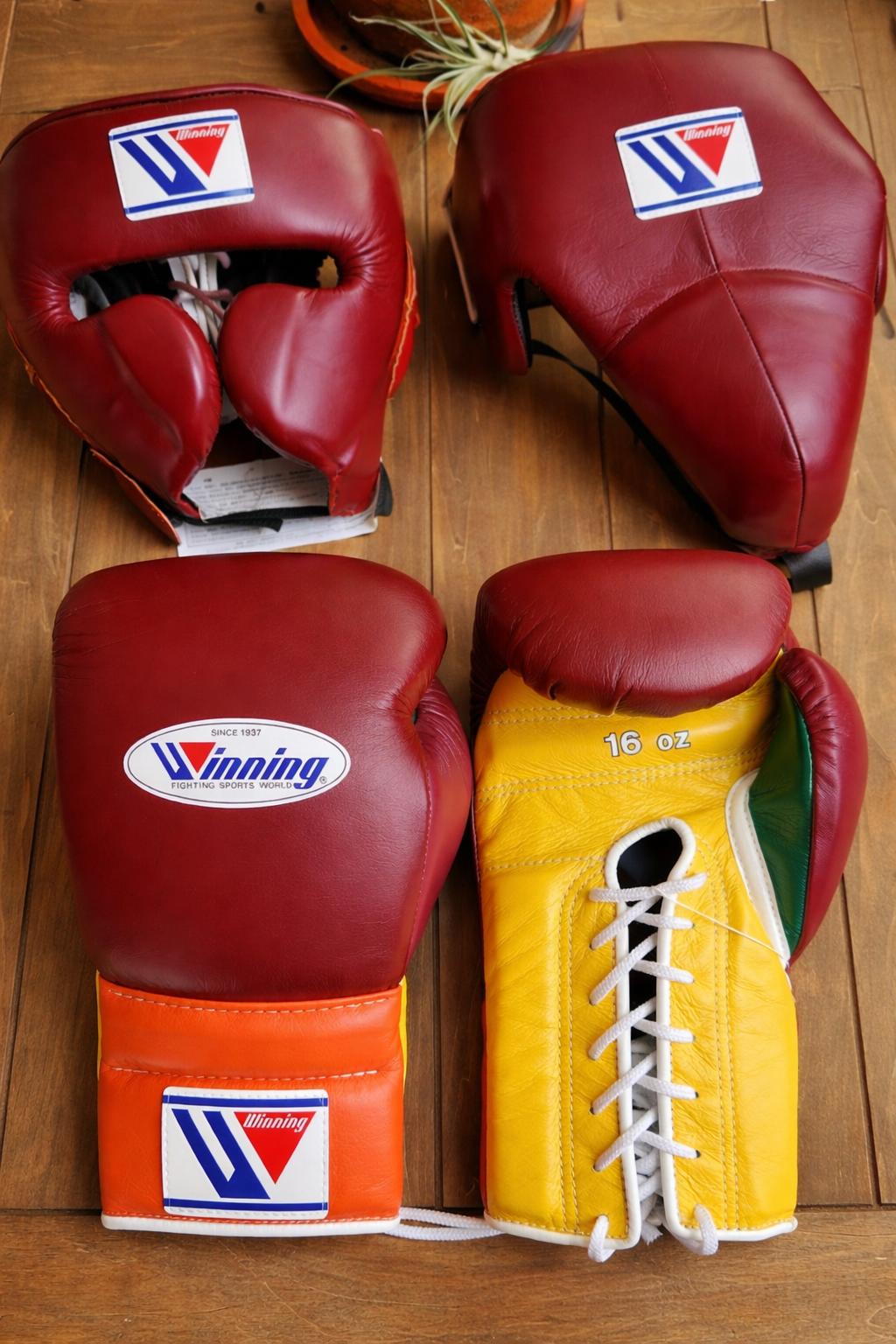 Winning Boxing Gloves Headgear and Groin Guard Set Complete Professional Training Equipment Bundle | Red/Orange/Yellow